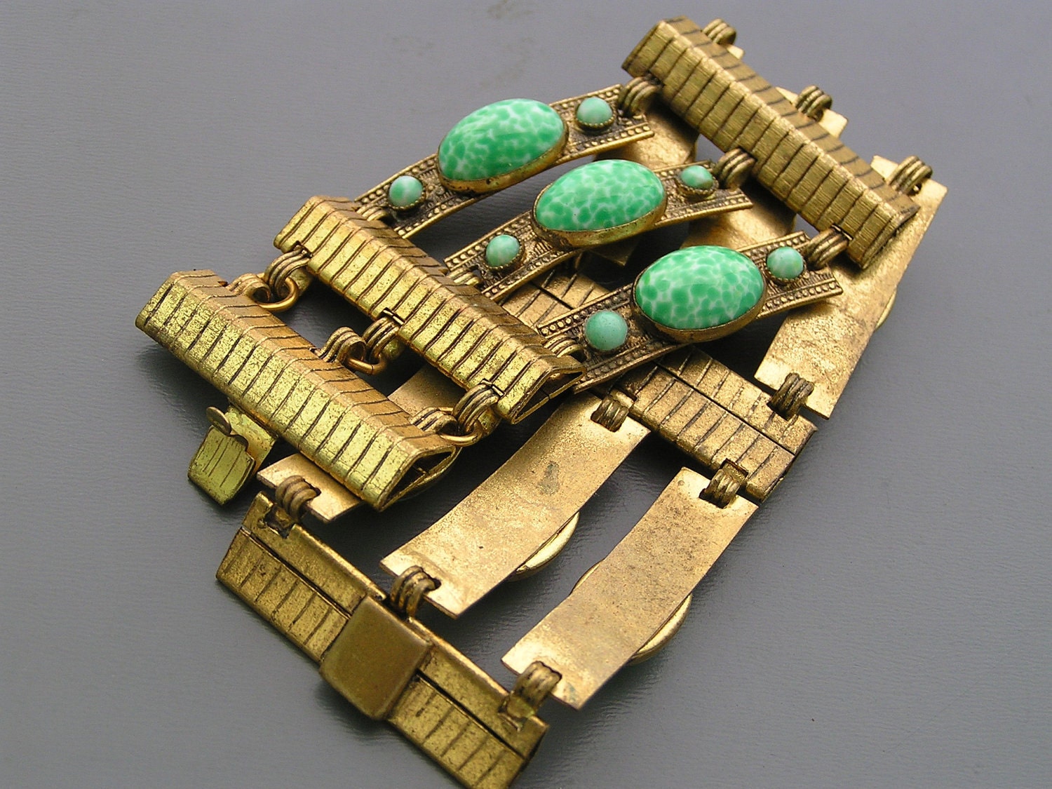 Wide Vintage Czech Peking Glass Brass Bracelet Jewelry