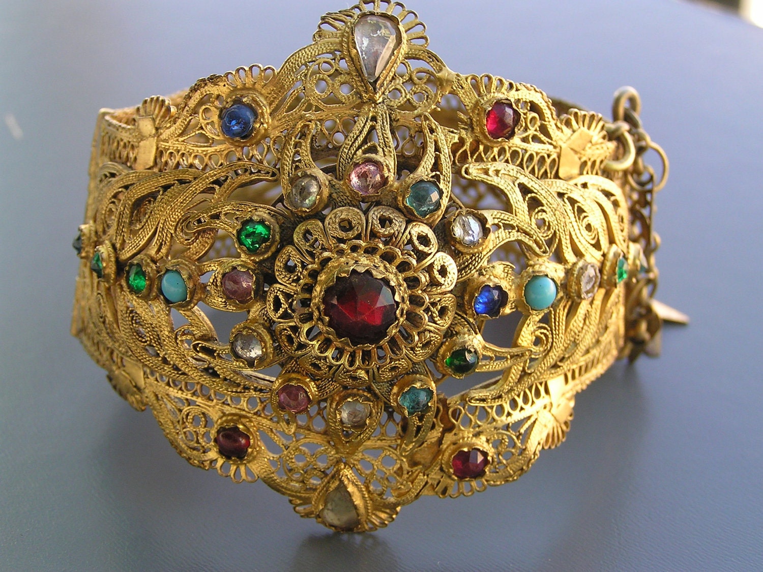 WIDE Antique Victorian Gold Gilt Filigree Etruscan Oriental Paste Rhinestone Bangle Bracelet