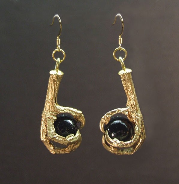 CLAW & BALL EARRINGS (gold w/black glass) nouveau taxidermy jewelry created with real bird talons