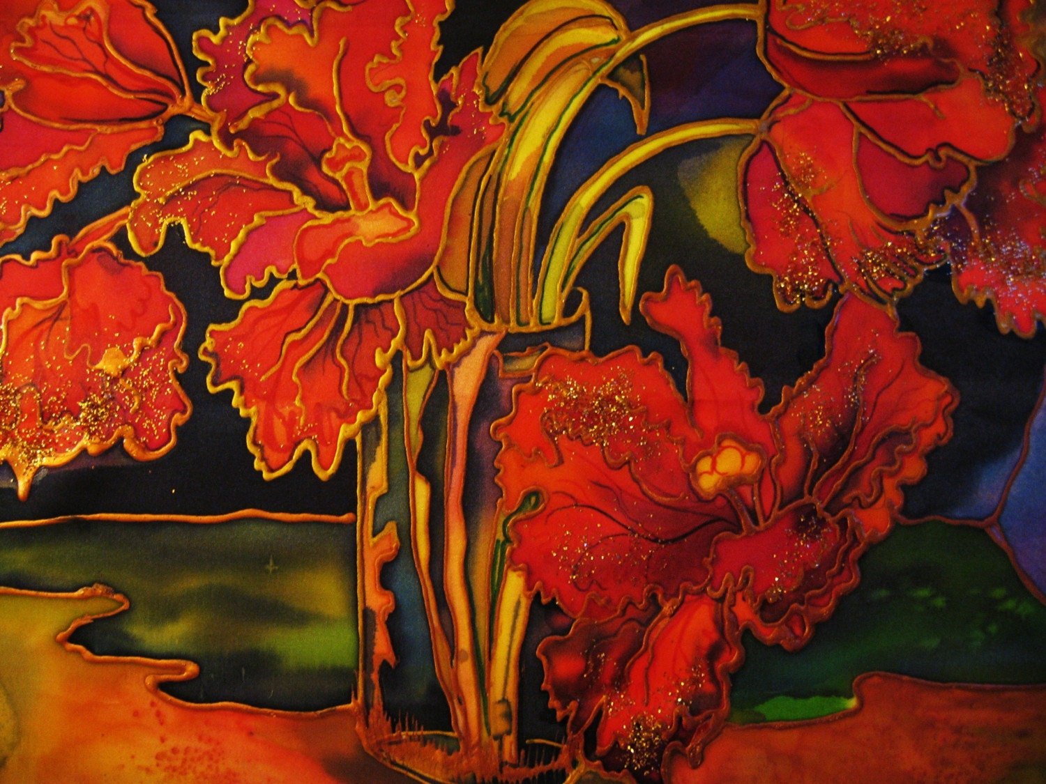 Tulips still life Original Hand Painted  Fiber Art 16x20