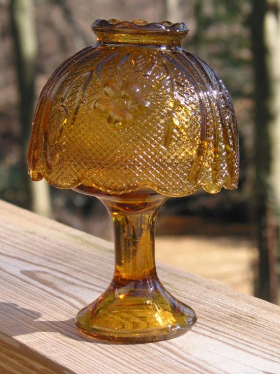 Amber American Glass Fairy Lamp Candle Holder Pressed Floral