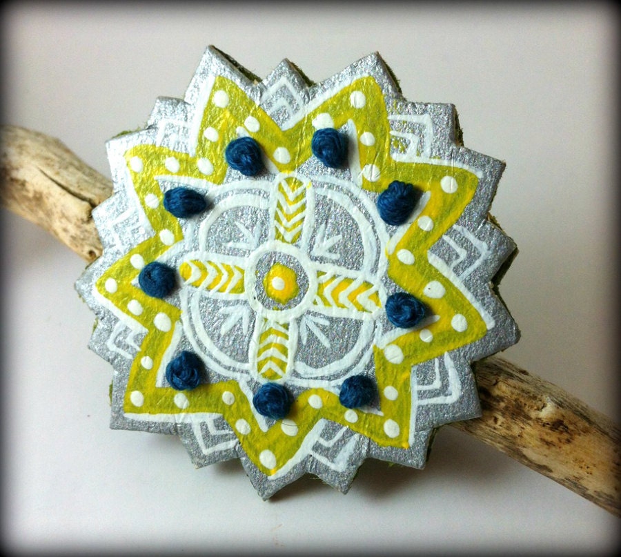 POW - hand painted freestyle, wood, felt, embroidery thread, paper brooch