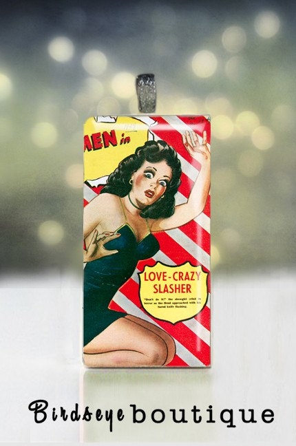 Love Crazy Slasher pulp fiction cover on upcycled domino