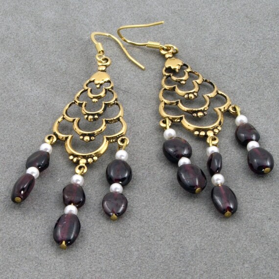 New Lower Price Handmade Gold, Garnet and Pearl Chandelier Earrings