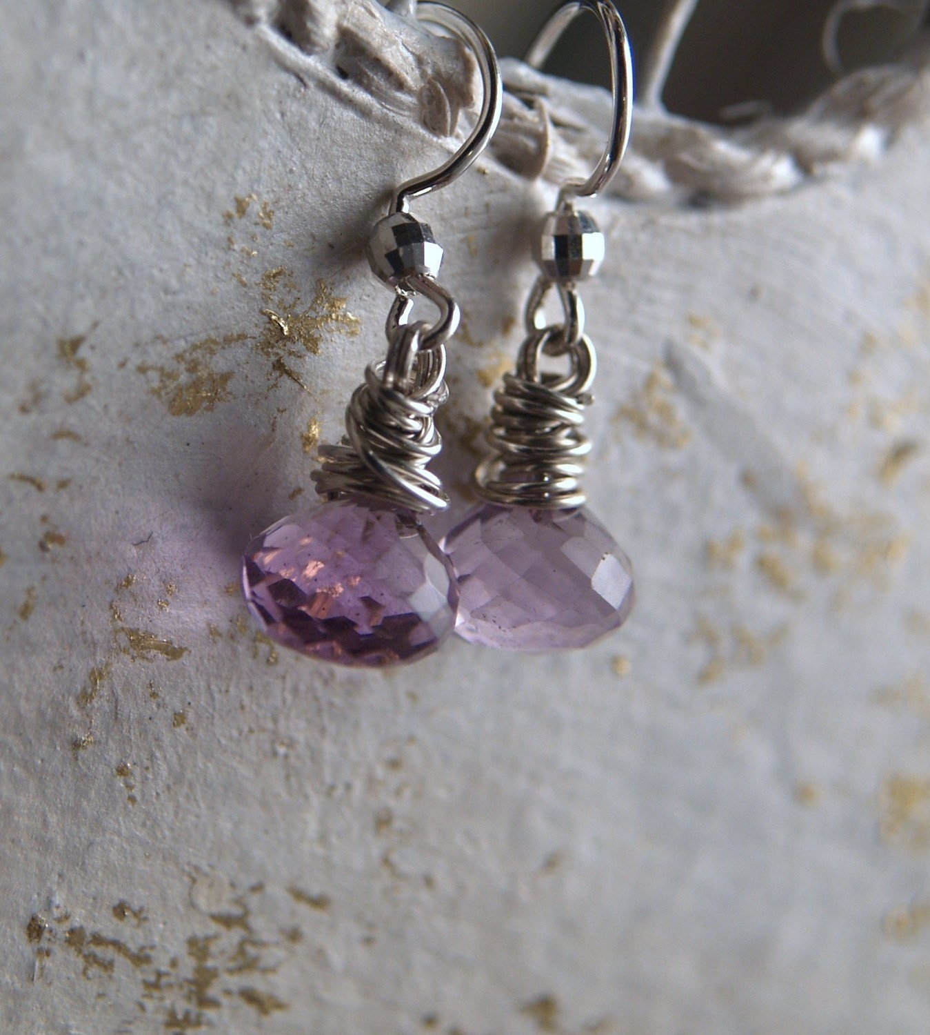 Lavender amethyst wrapped with silver wire earrings