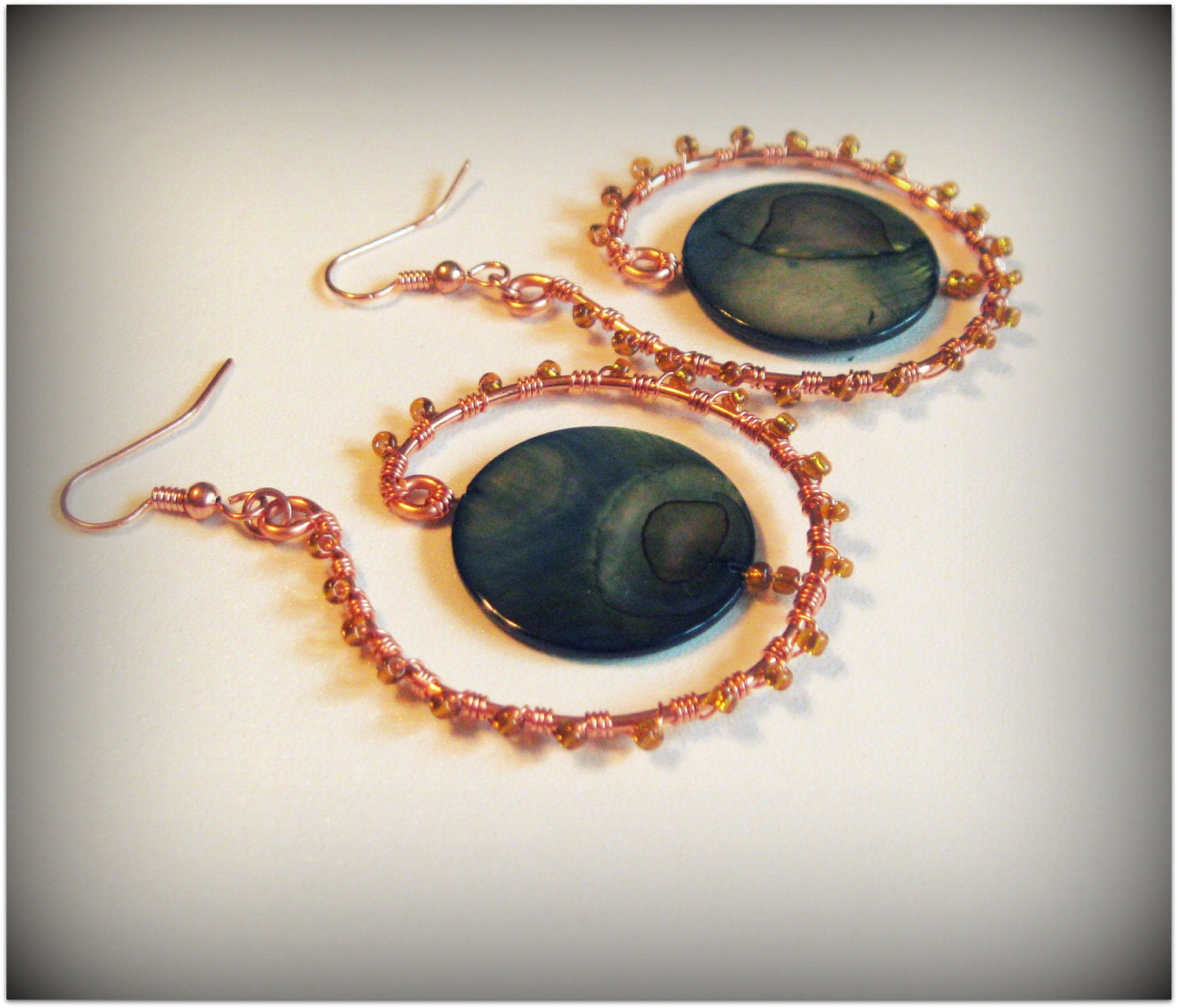 Curvy Copper and Teal Shell Wire Wrapped Earrings