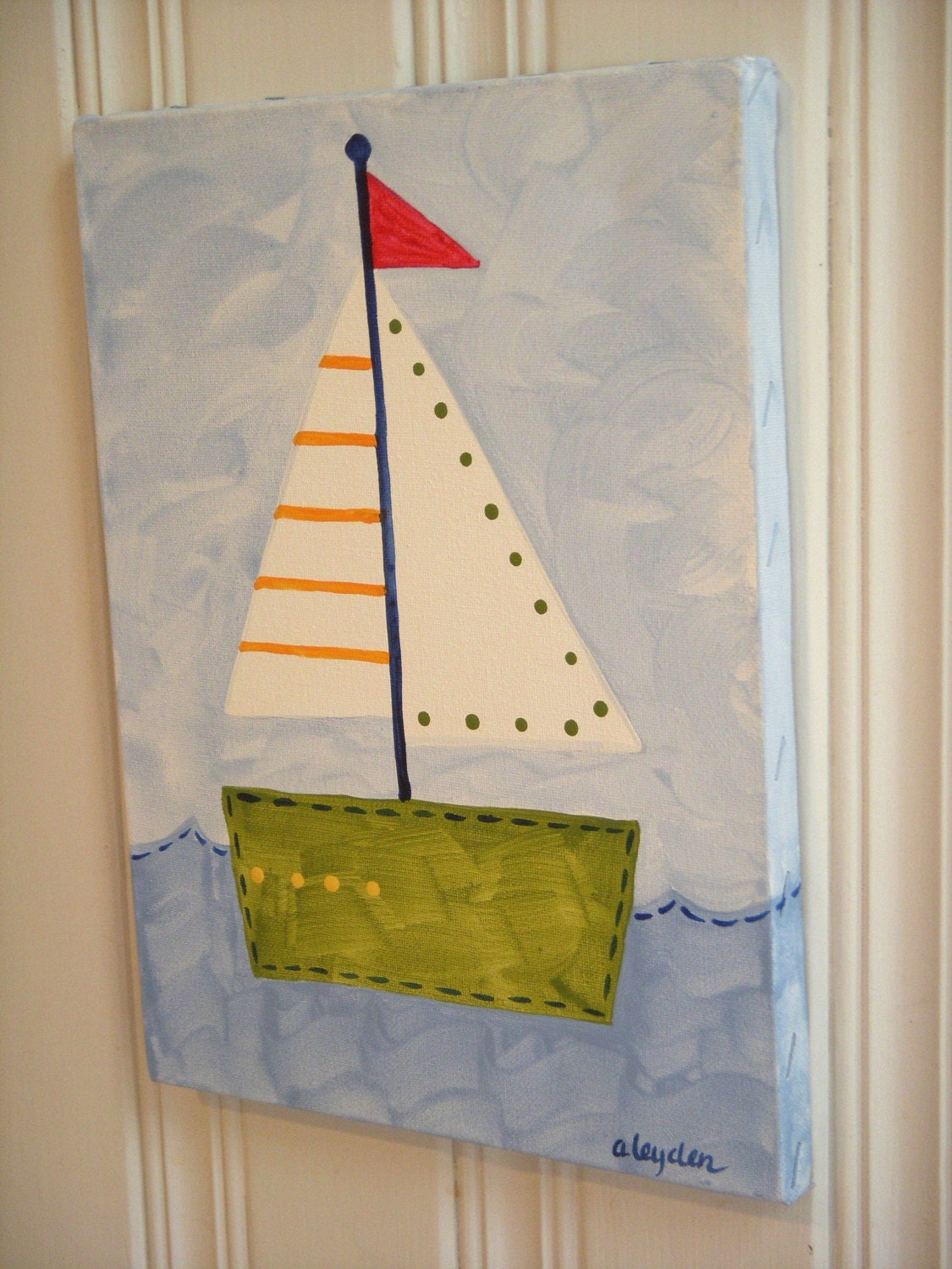 boys kids room decor..baby nursery wall art..original canvas painting..painted artwork..11 x 14 nautical boat ocean "sail away sailboat"