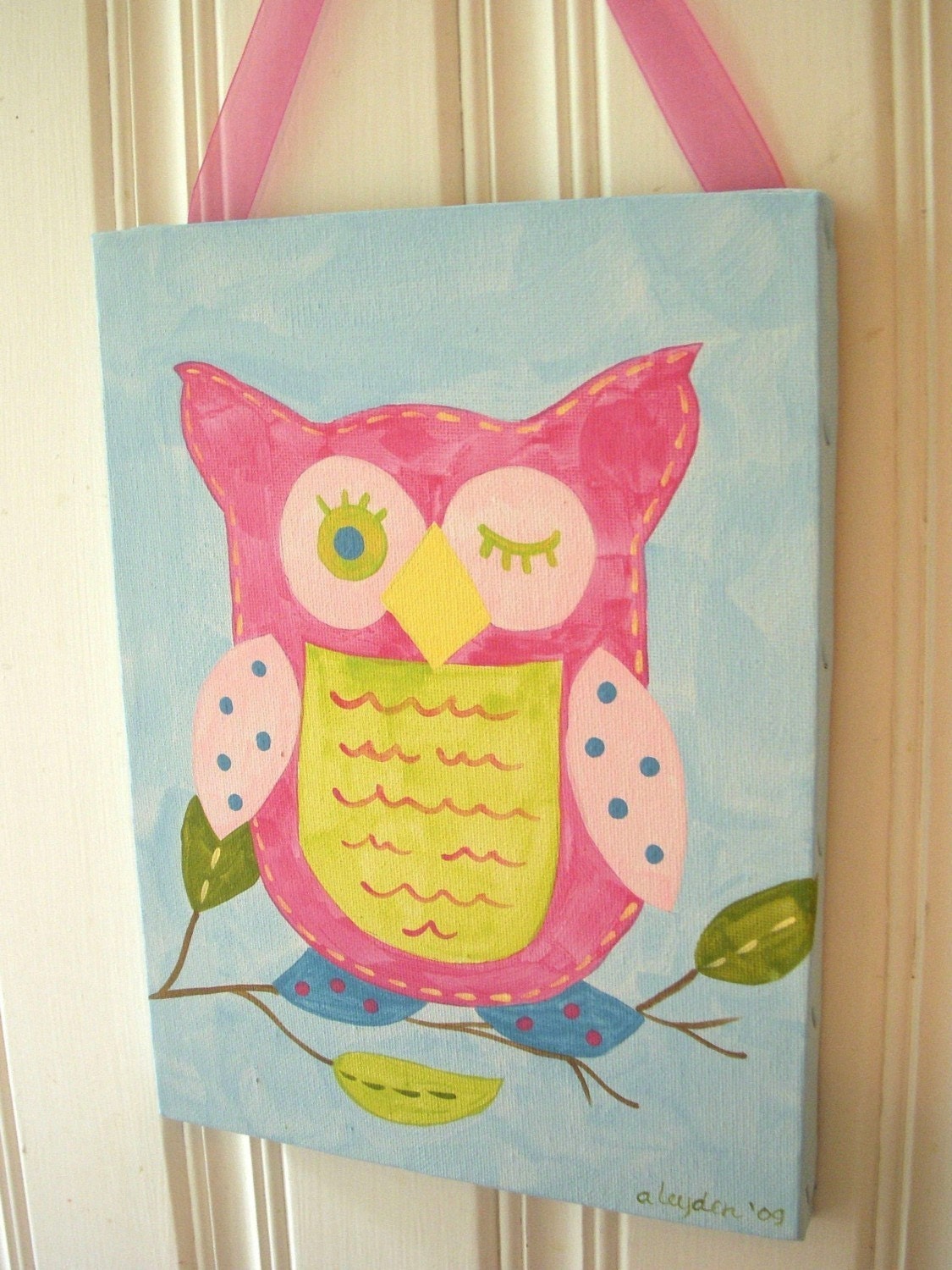 girl kid room decor..baby nursery wall art..original canvas painting..hand painted artwork..11 x 14 owl bird pink brooke "olivia the owl"