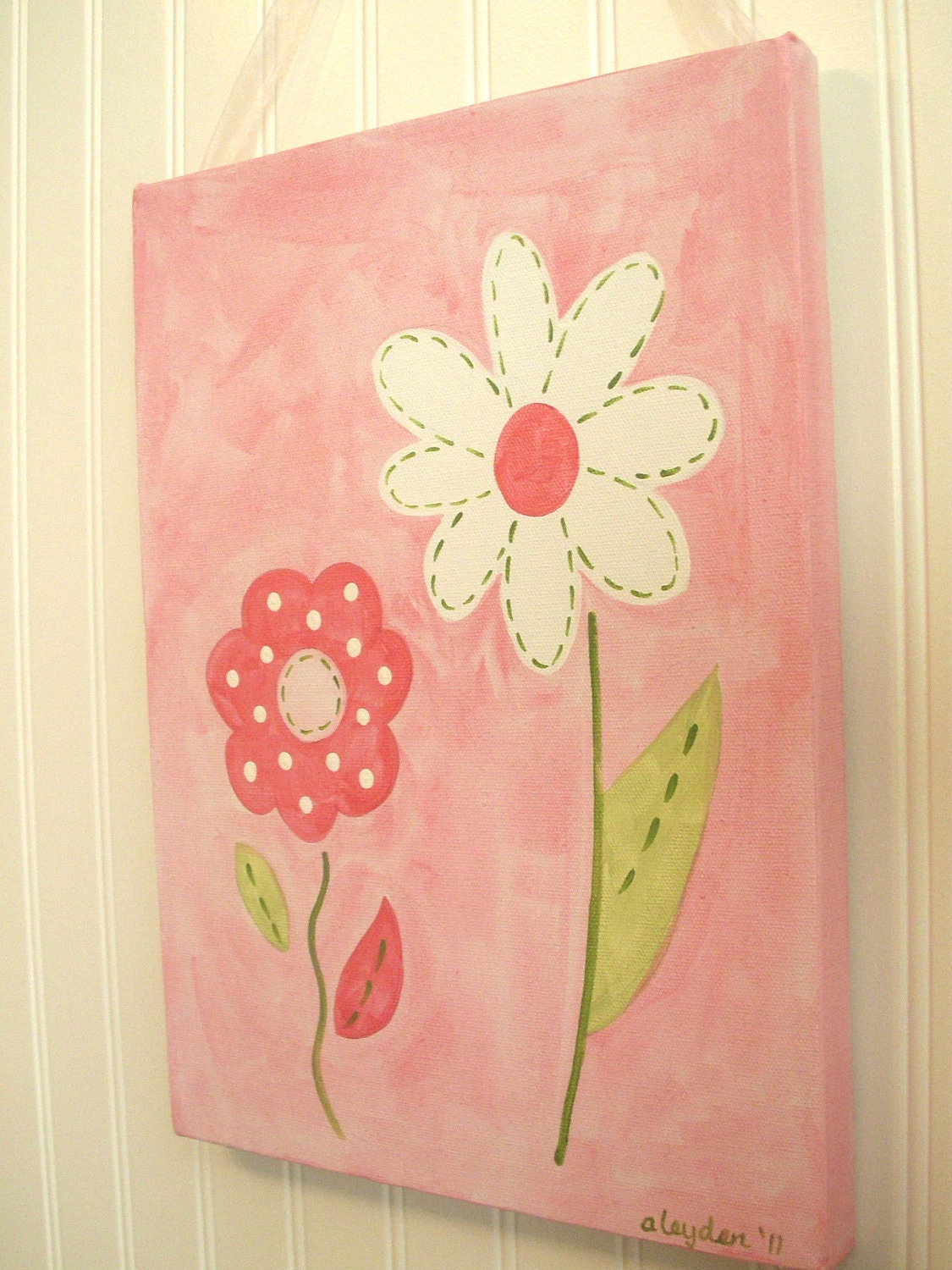 baby nursery wall art..girl kid room decor..original canvas painting..hand painted artwork..11 x 14 "spring flower" pink daisy garden floral
