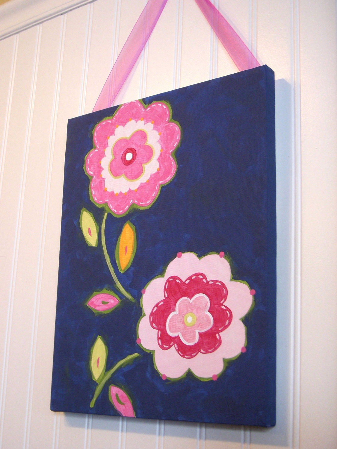 girl kids room decor..baby nursery wall art..original canvas painting..painted artwork..11 x 14 pink green spring flowers "preppy posies"
