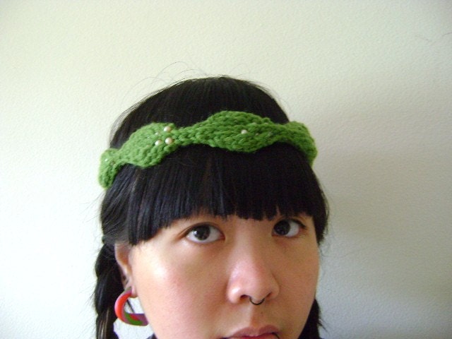 The Elderflower - Moss Green Knitted Beaded Headband/Crown