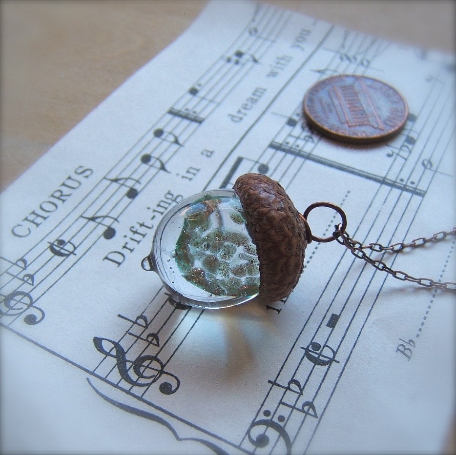Glass Acorn Necklace - Encased Goldstone by Bullseyebeads - (112)