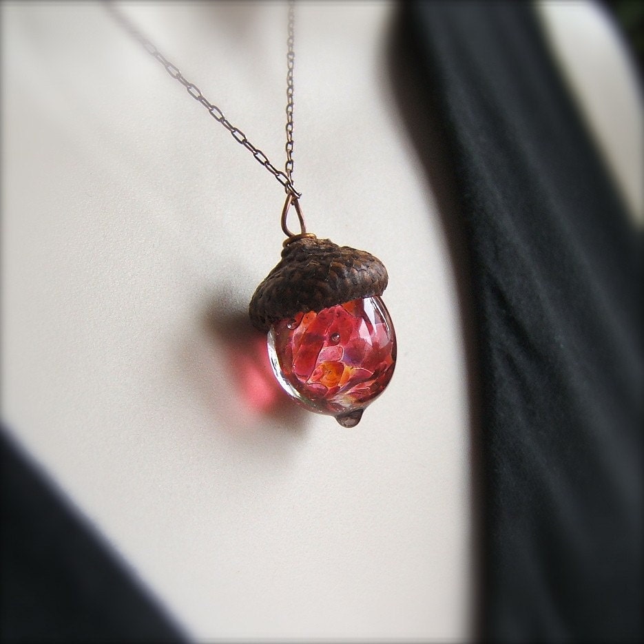Glass Acorn Necklace - Raspberry Peach by Bullseyebeads - (93)