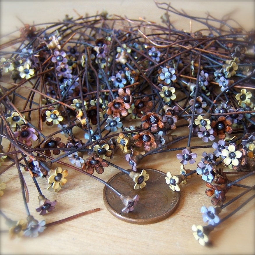 12 Sweet Vintage Miniature Flower Enameled Copper Headpins - 2" by Bullseyebeads