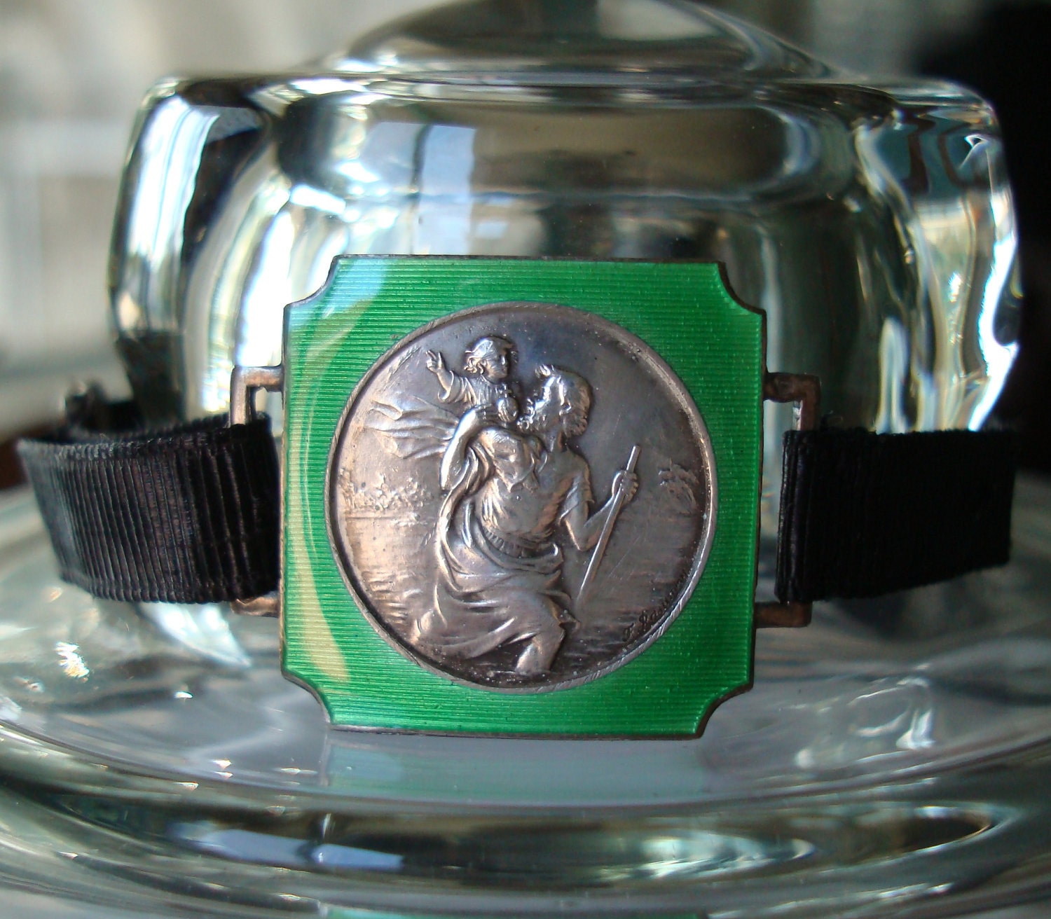Antique French Vintage Sterling Silver and Green Guilloche Enamel Catholic Religious Saint Christopher Medal Bracelet
