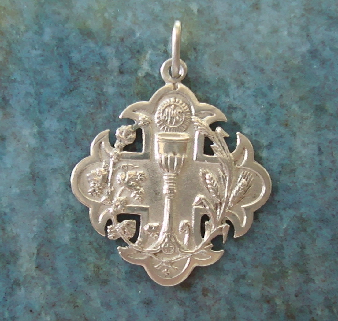 French Antique Sterling Silver Patee Cross Chalice Eucharist Communion Medal Pendant