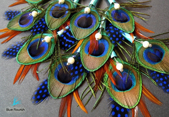 6 peacock boutineers boutinneers boutonnieres brown copper royal blue feathers men accessories trendy esty