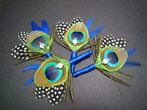 4 Boutonnieres feather peacock feathers blue wedding boutineers polka dots groomsmen accessories men royal blue