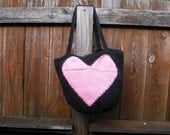 Cotton Crochet Reusable Shopping Bag Tote in Black with Pink Heart applique, ready to ship.