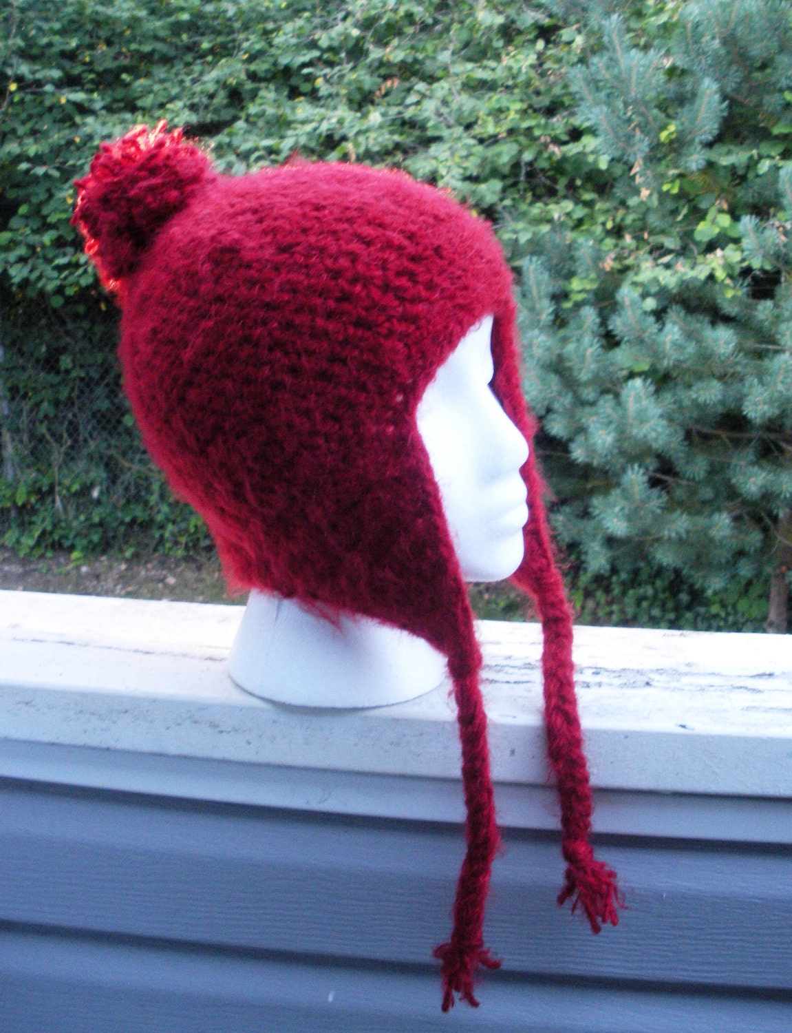 Ultra soft Crochet earflap beanie with pom pom poof in Deep Red, ready to ship.