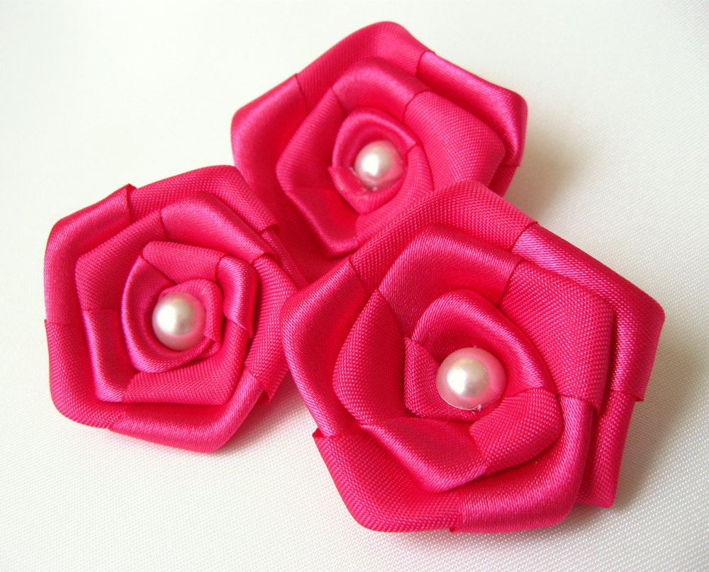 Fuchsia Satin Ribbon Rose set of 3
