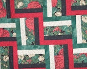 geometric twin or lap quilt - Red, Green, Black, Beige Rail Fence