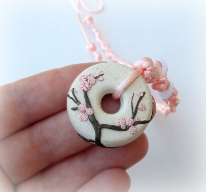 Cherry Blossom Necklace . Back To Your Roots, satin knots and polymer clay . Original Artwork.