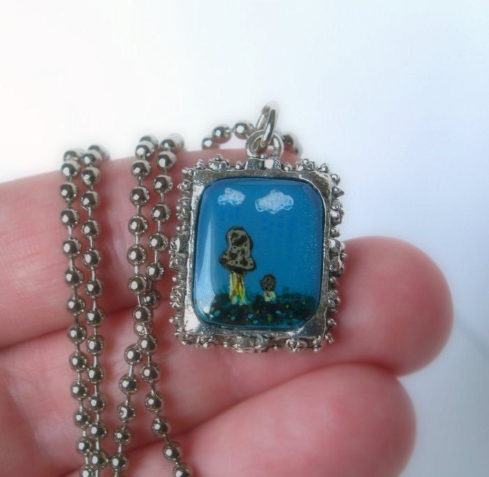 Hand Painted Necklace - Rainy Days Make Morels - Original Artist Acrylic's Handpainted Art Charm Necklace