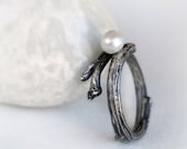 Branch Sterling Silver Oxidized Ring with Freshwater Pearl