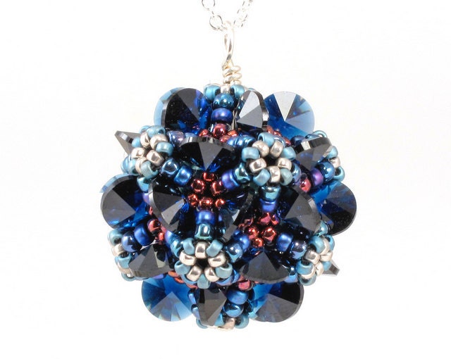 Handcrafted Indigo and Copper Crystal Beaded Pendant