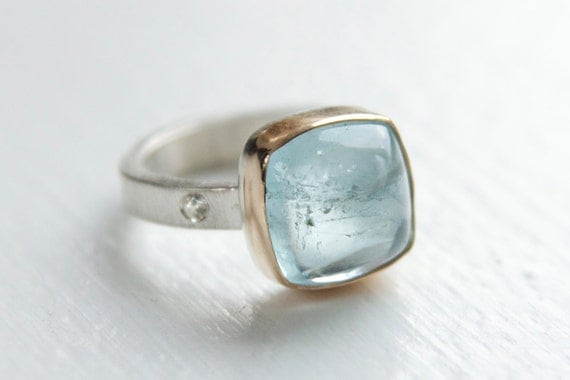 Aquamarine and White Sapphire Ring in Recycled 14k Gold and Sterling Silver