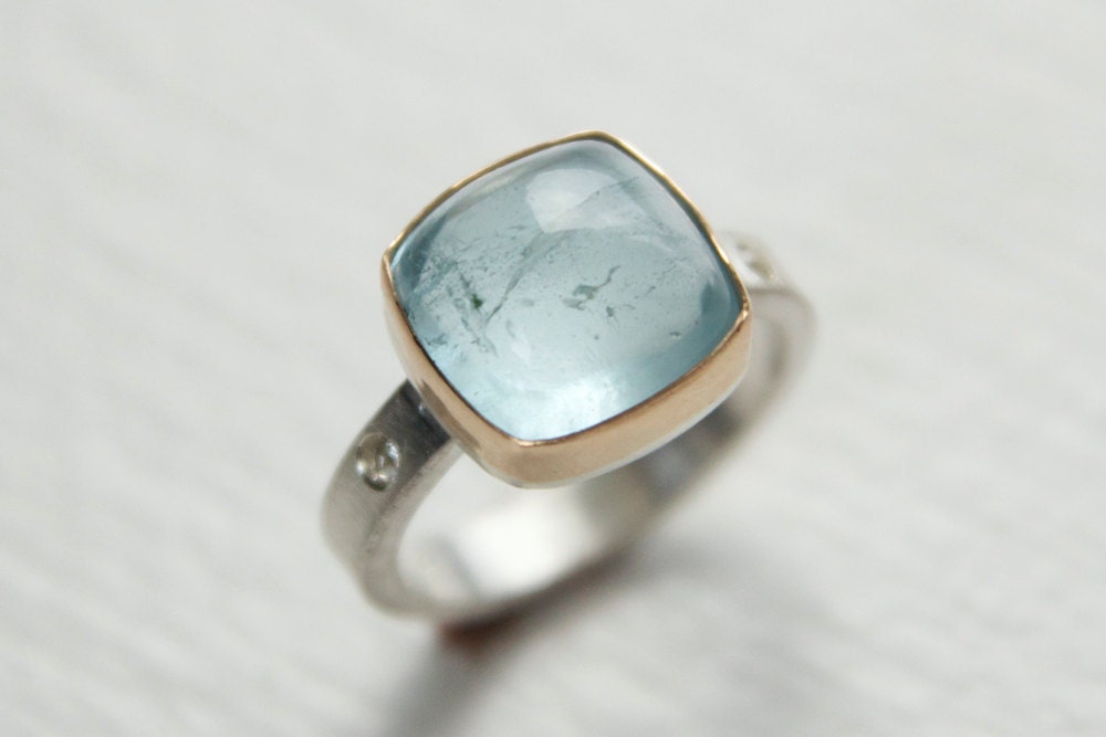 Aquamarine and White Sapphire Ring in Recycled 14k Gold and Sterling Silver