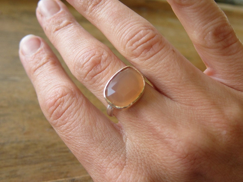Peach Moonstone Ring in Recycled 14k Gold and Sterling - Rose Cut Free Form Stone