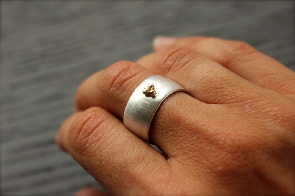 Wide Band Ring Recycled Sterling Silver and 14k Gold Ball Details Modern and Brushed Finish