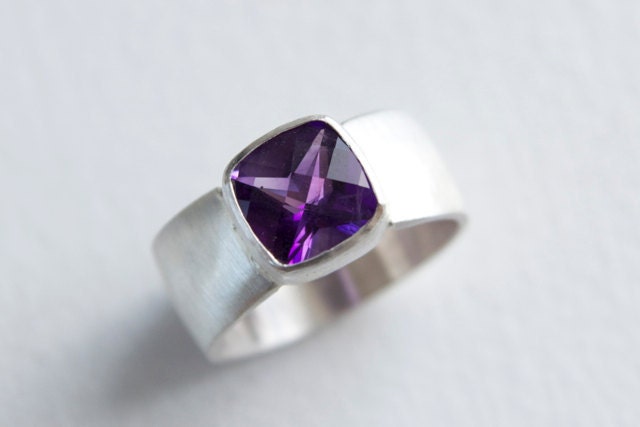 Purple Amethyst Cushion Sterling Ring with Wide Band - checkerboard cut stone, brushed finish