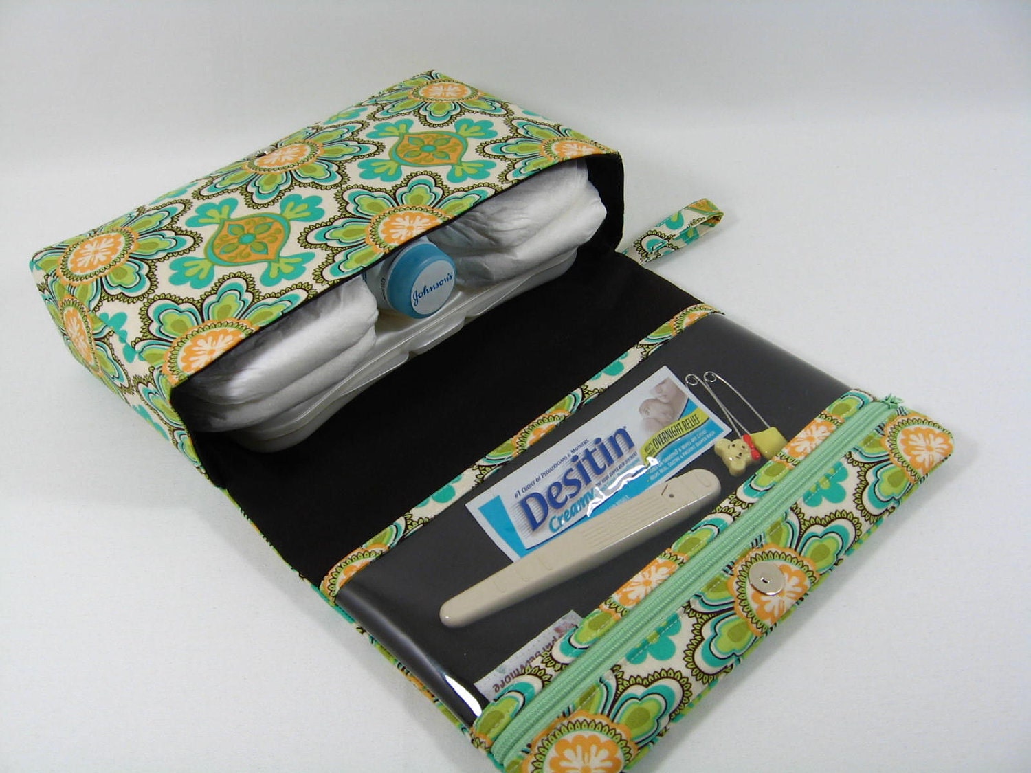 Diaper Clutch with clear zipper pouch --Meadowsweet Vintage Paisley Limeade