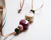 Ceramic Necklace - Deep red and white resin beads, pink and green ceramic beads and beige ribbon - ceramic jewelry - Mother's Day Gifts