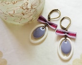 Enamel Earrings - White oval enamel hoop with a purple enamel drop and a bow - enamel jewelry - drop earrings - chandelier earrings - dangle