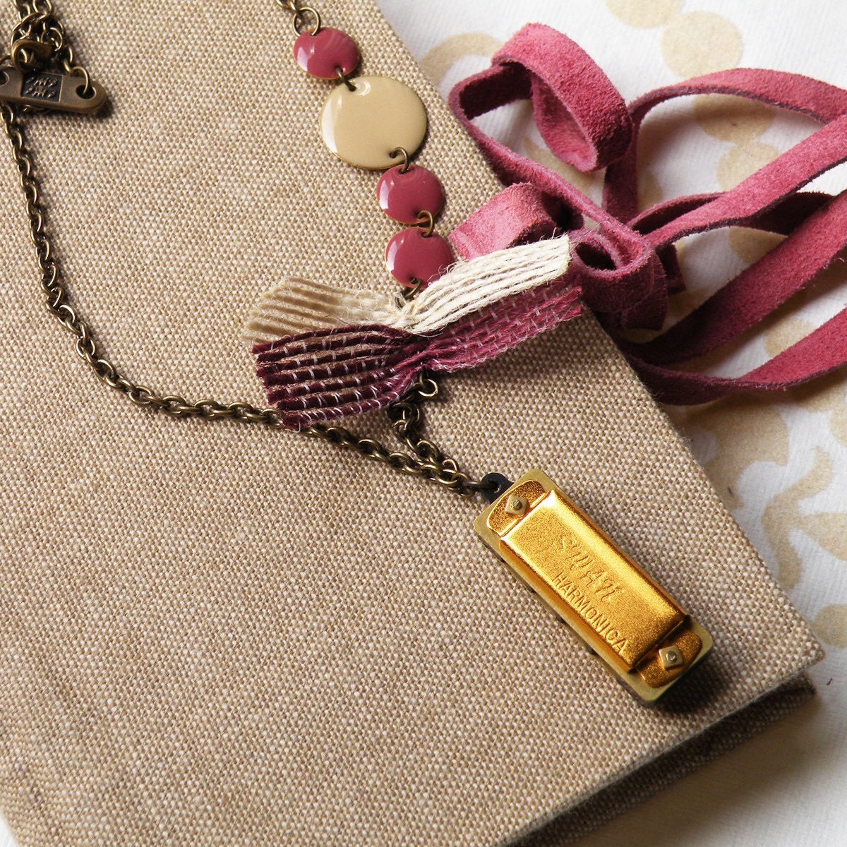 Necklace Harmonica and pink ornaments pendant - metallic necklace - bow jewelry - pendant