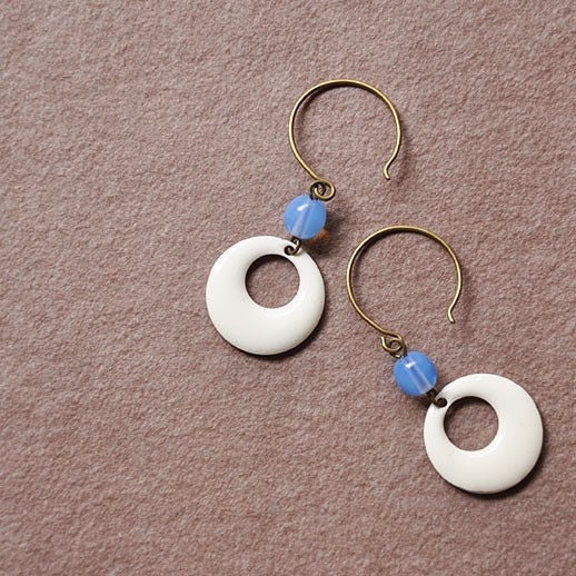 Hoop Enamel Earrings - White hoop and blue glass bead - drop earrings - dangle earrings - chandelier - minimalist - modern
