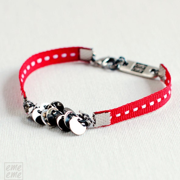 Friendship Bracelet  - Antique silver plated brass charms and cherry red ribbon - white stitches - charm bracelet - chain bracelet - bangle