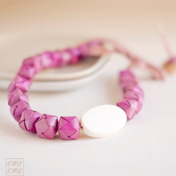 Necklace Fuchsia palm leaves beads - statement necklace - blush - dusty rose - flamingo pink