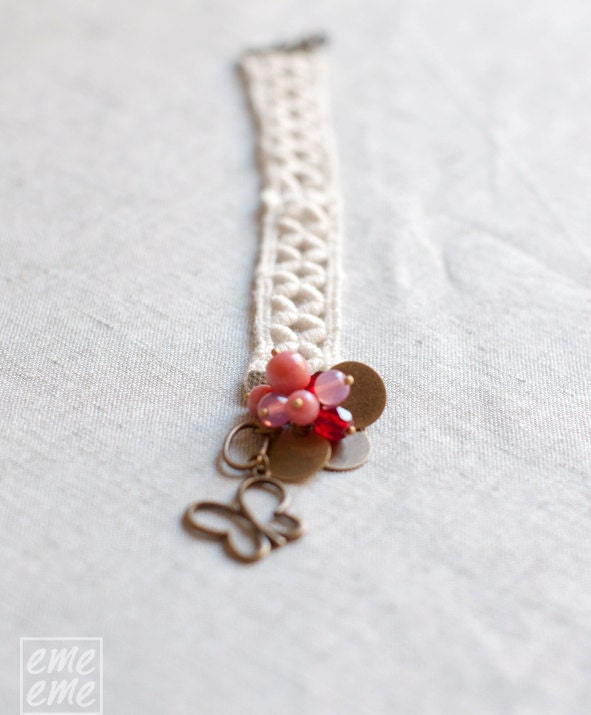 Lace Bracelet - White Lace red and pink glass beads - butterfly bracelet - bangle bracelet - romantic jewelry - blush - Mother's Day Gifts