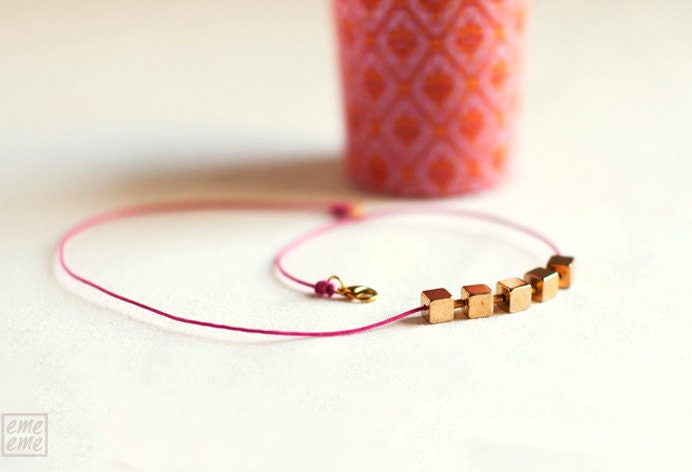 Necklace Vintage Brass Cubes and Fuchsia cotton cord - holiday jewelry - Neon Womens - neon jewelry - choker - Mother's Day Gifts