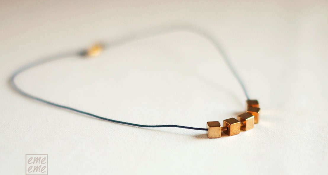 Necklace Vintage Brass Cubes and blue cotton cord - metallic jewelry - choker - Mother's Day Gifts