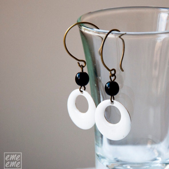 Enamel Earrings - White enamel hoop and black glass bead - enamel jewelry - Mother's Day Gifts - dangle earrings - drop earrings
