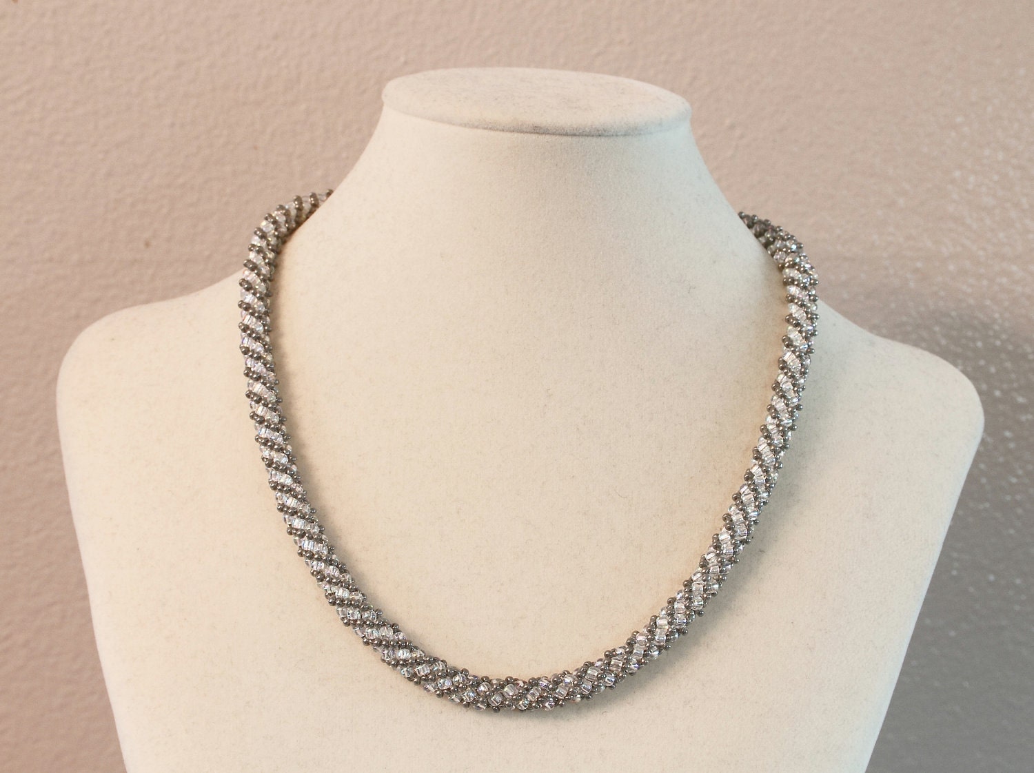 Russian Spiral Beaded Necklace in Pearl Gray and Clear Rainbow
