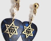 Jewish blue guitar pick earrings - clip-ons