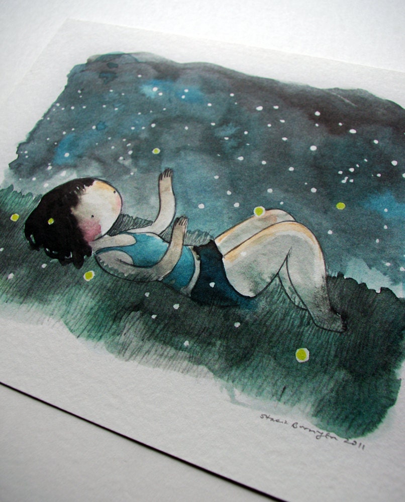 Fireflies 8x10 print - watercolor drawing and painting of a girl in the grass