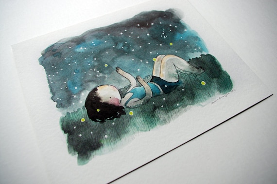 Fireflies 8x10 print - watercolor drawing and painting of a girl in the grass